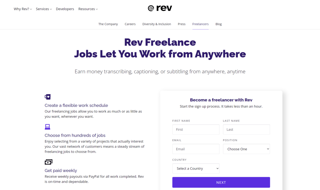 Rev freelance page screenshot