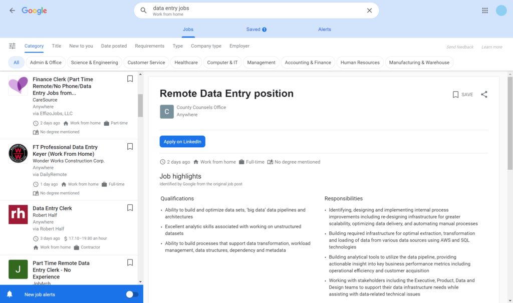 data entry jobs on Google Jobs