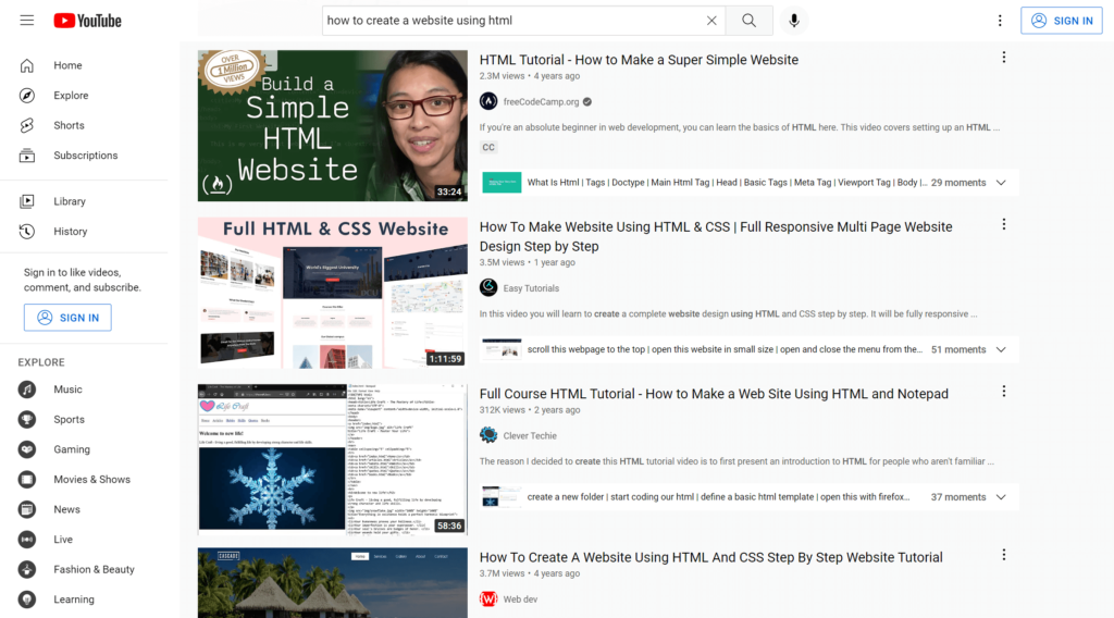 creating a website using html Youtube videos