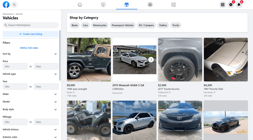 facebook marketplace vehicles listings