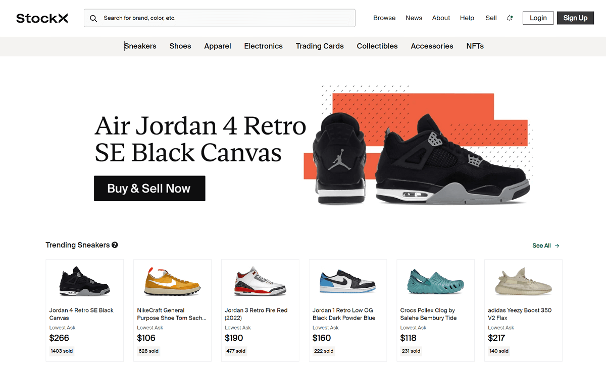 stock x homepage selling sneakers as a side hustle
