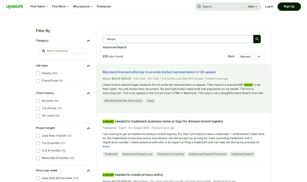 upwork freelance work for lawyers